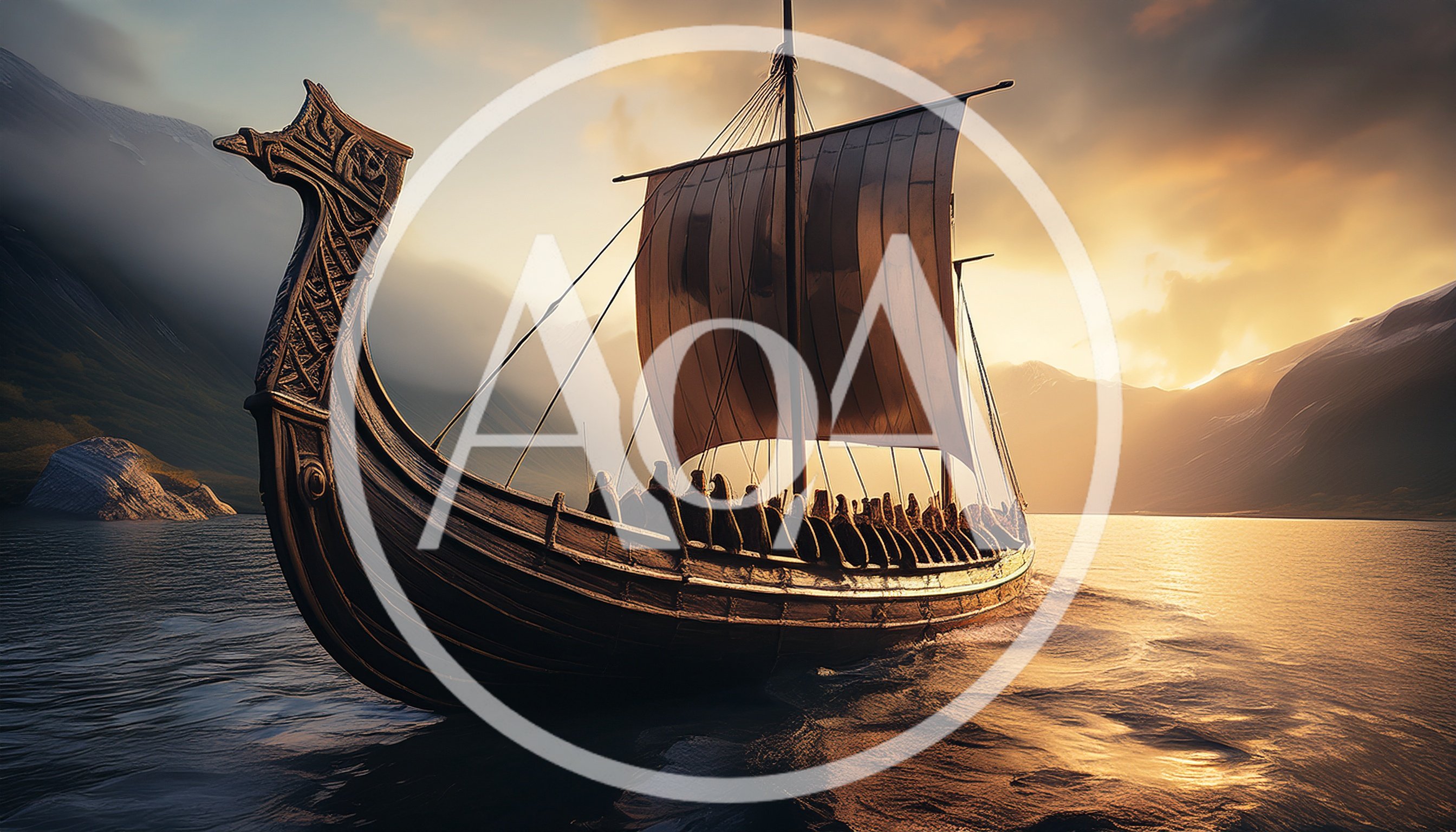 Viking Longship Sailing Through Misty Fjord At Sunset
