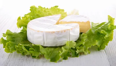 Wheel Of Brie Cheese On Fresh Green Lettuce