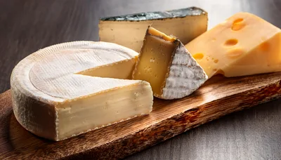Assorted Gourmet Cheeses Arranged On A Wooden Serving Board