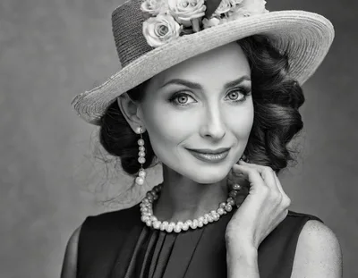 Elegant Woman Wearing Vintage Hat And Pearl Jewelry