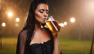 Woman Drinking Beer Outdoors During Night Rain