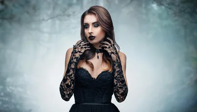 Gothic Woman In Lace Gloves And Corset