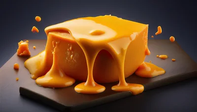 Melted Orange Cheese Sauce Drizzling Over Cheese Block