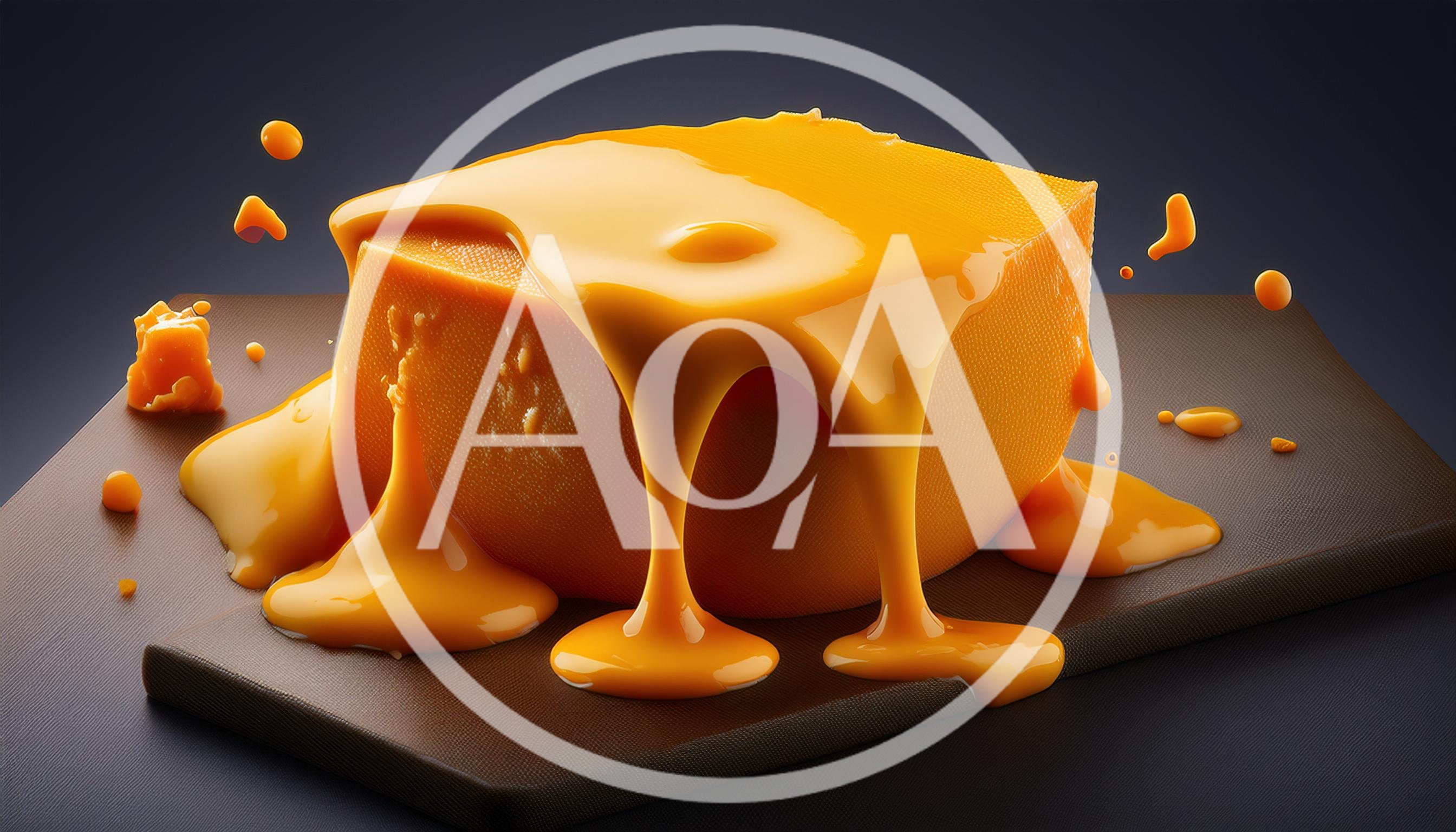 Melted Orange Cheese Sauce Drizzling Over Cheese Block