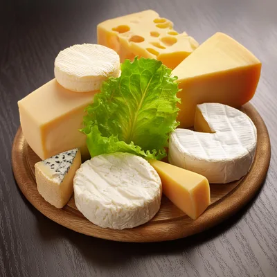 Assorted Cheese Platter with Fresh Lettuce on Wooden Board