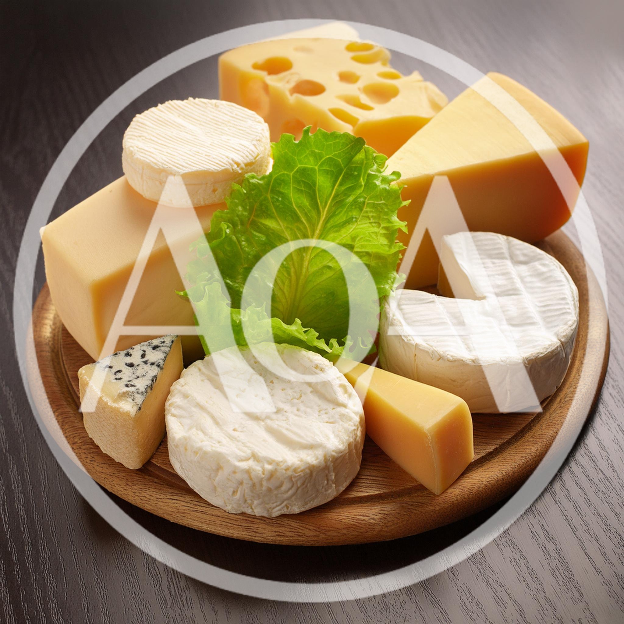 Assorted Cheese Platter with Fresh Lettuce on Wooden Board