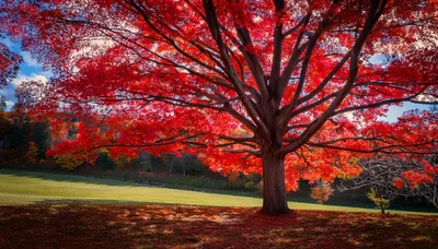 Vibrant Red Maple Tree In Autumn Landscape