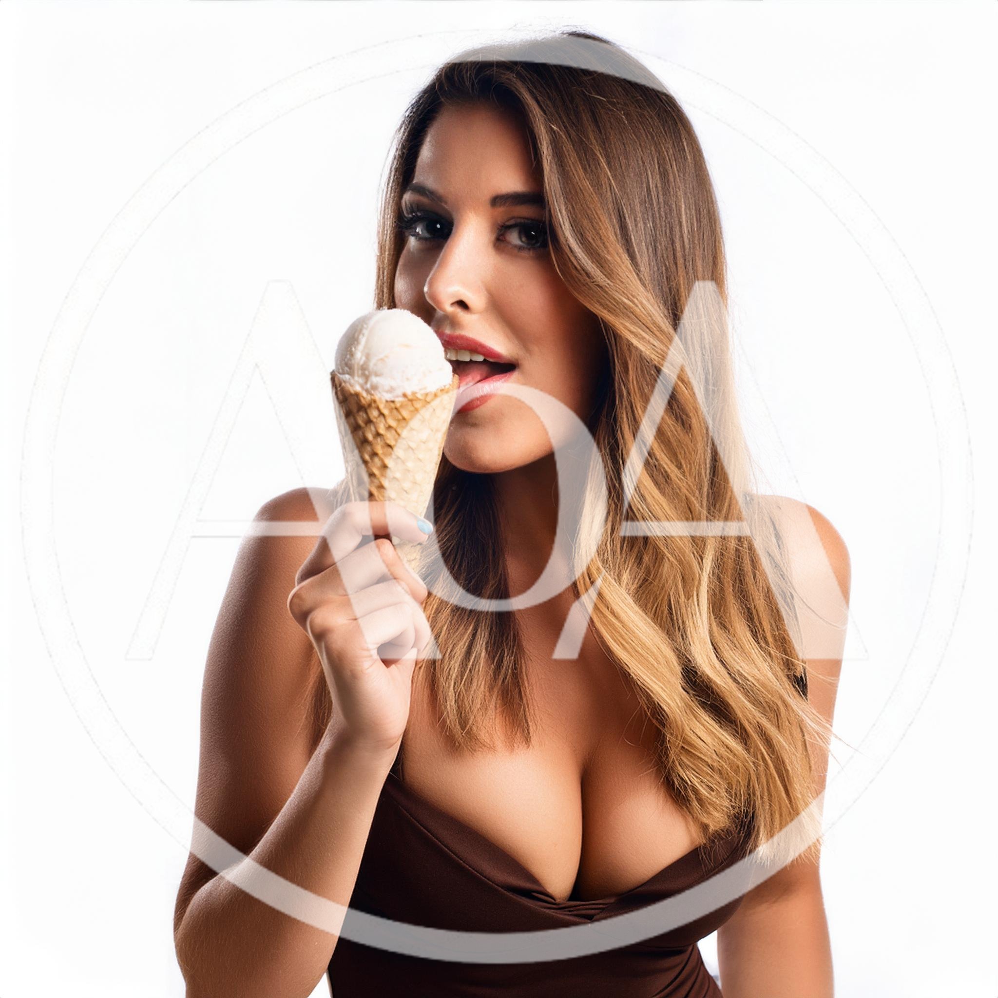 Beautiful Woman Eating Vanilla Ice Cream Cone