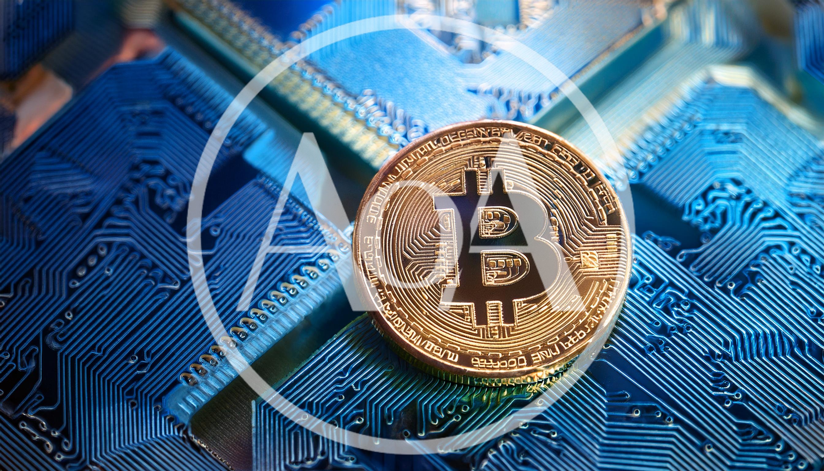 Gold Bitcoin Coin Resting On Blue Circuit Board