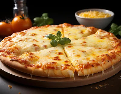 Freshly Baked Cheese Pizza On A Wooden Board
