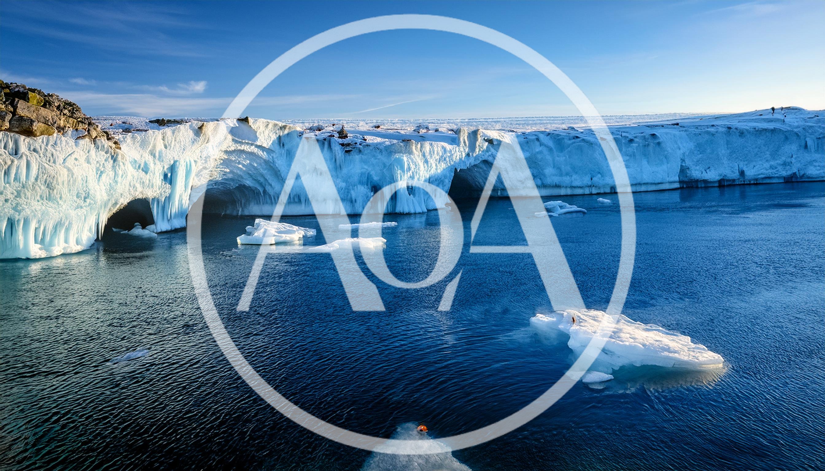 Glacier Ice Shelf With Floating Icebergs In Arctic Ocean