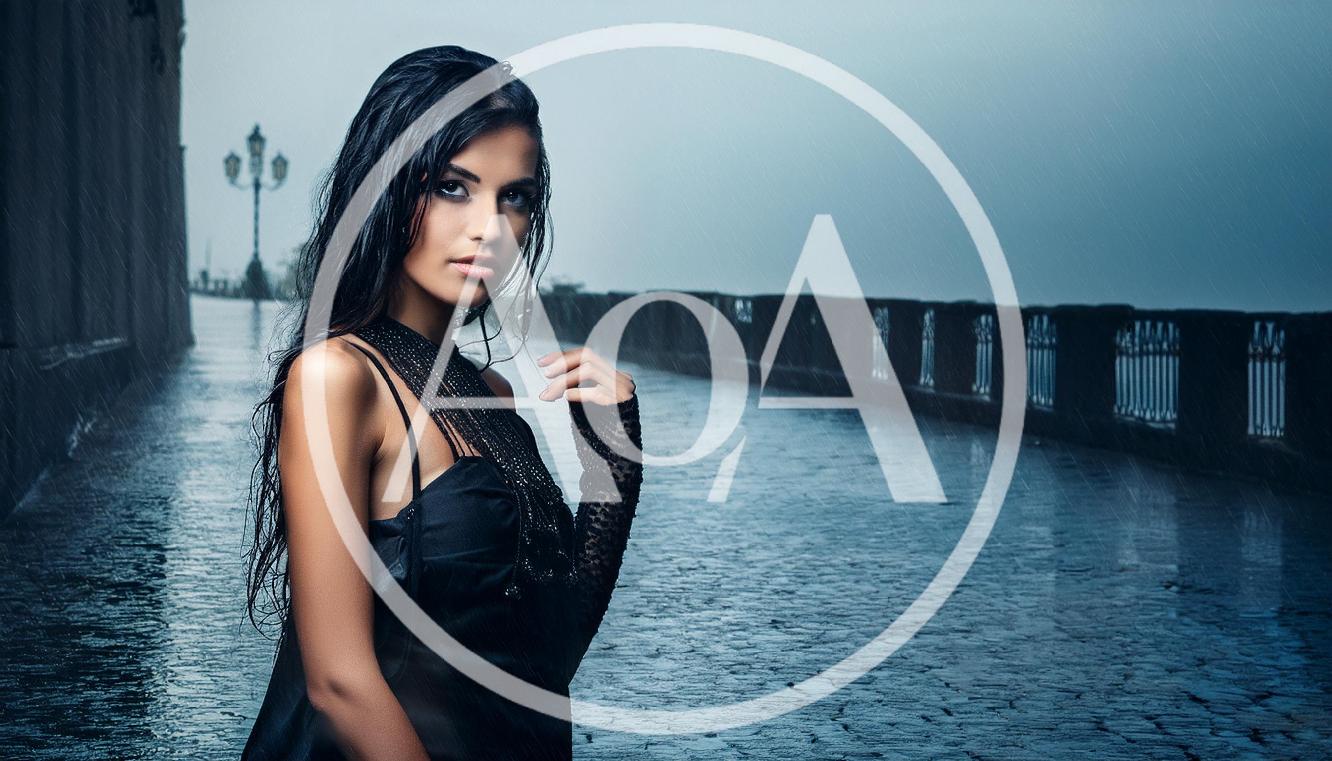 Elegant Woman Standing In The Rain On A Bridge