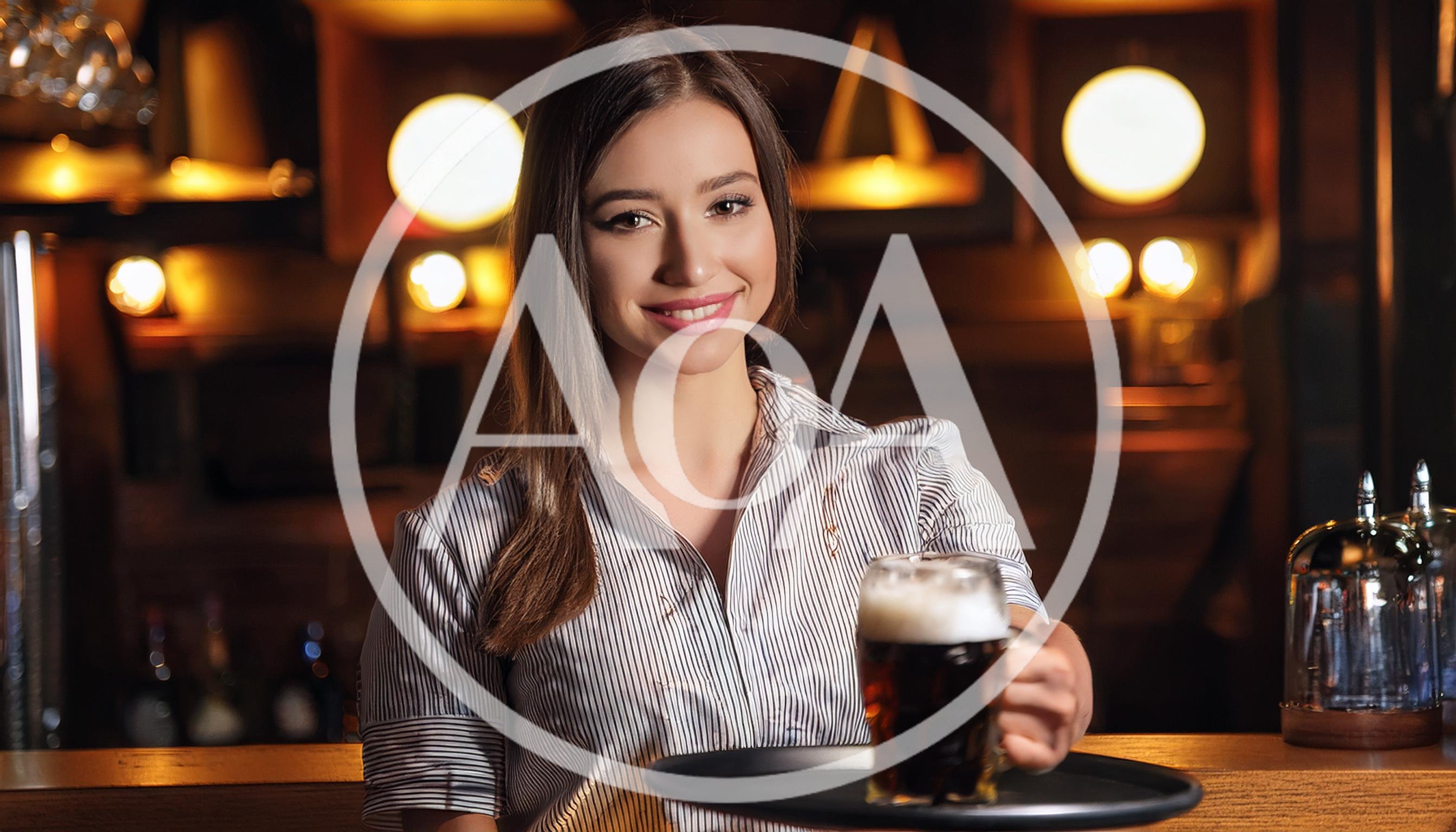 Smiling Female Bartender Serving Dark Beer In Pub
