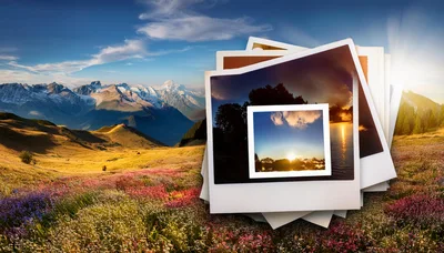 Stack Of Polaroid Photos In A Mountain Meadow