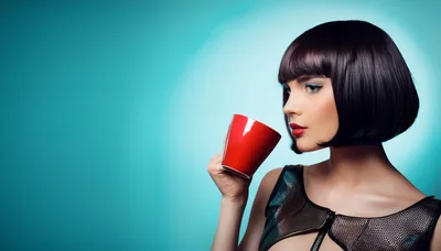 Stylish Woman With Bob Haircut Holding Red Coffee Mug
