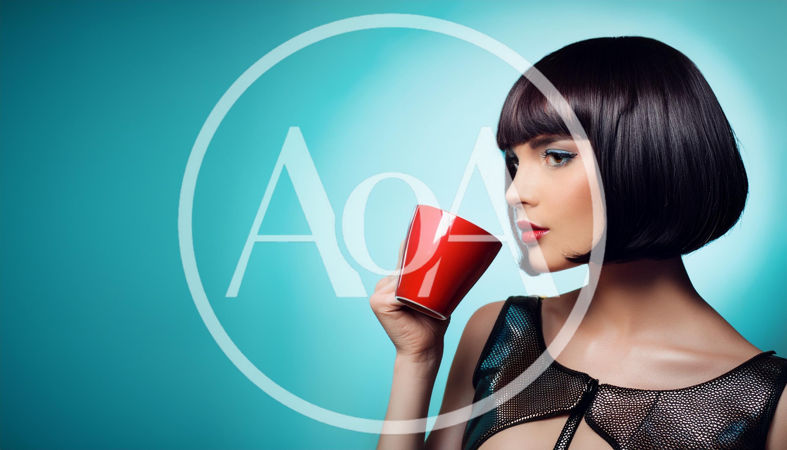 Stylish Woman With Bob Haircut Holding Red Coffee Mug