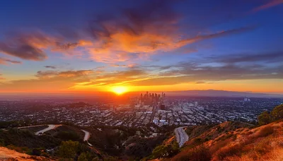 Panoramic Sunset View Over Downtown Los Angeles Skyline