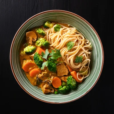 Bowl Of Thai Green Curry With Noodles