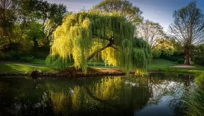 Weeping Willow Tree Reflecting In A Calm Pond