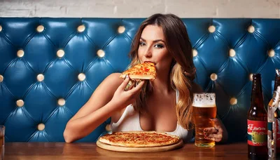 Young Woman Eating Pizza and Drinking Beer