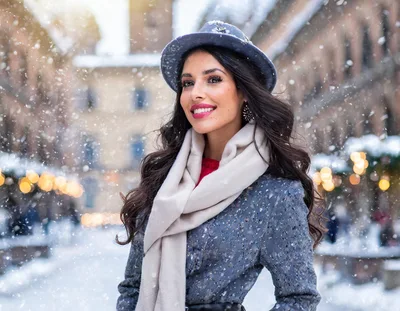 Smiling Woman Wearing Winter Hat And Scarf In Snow