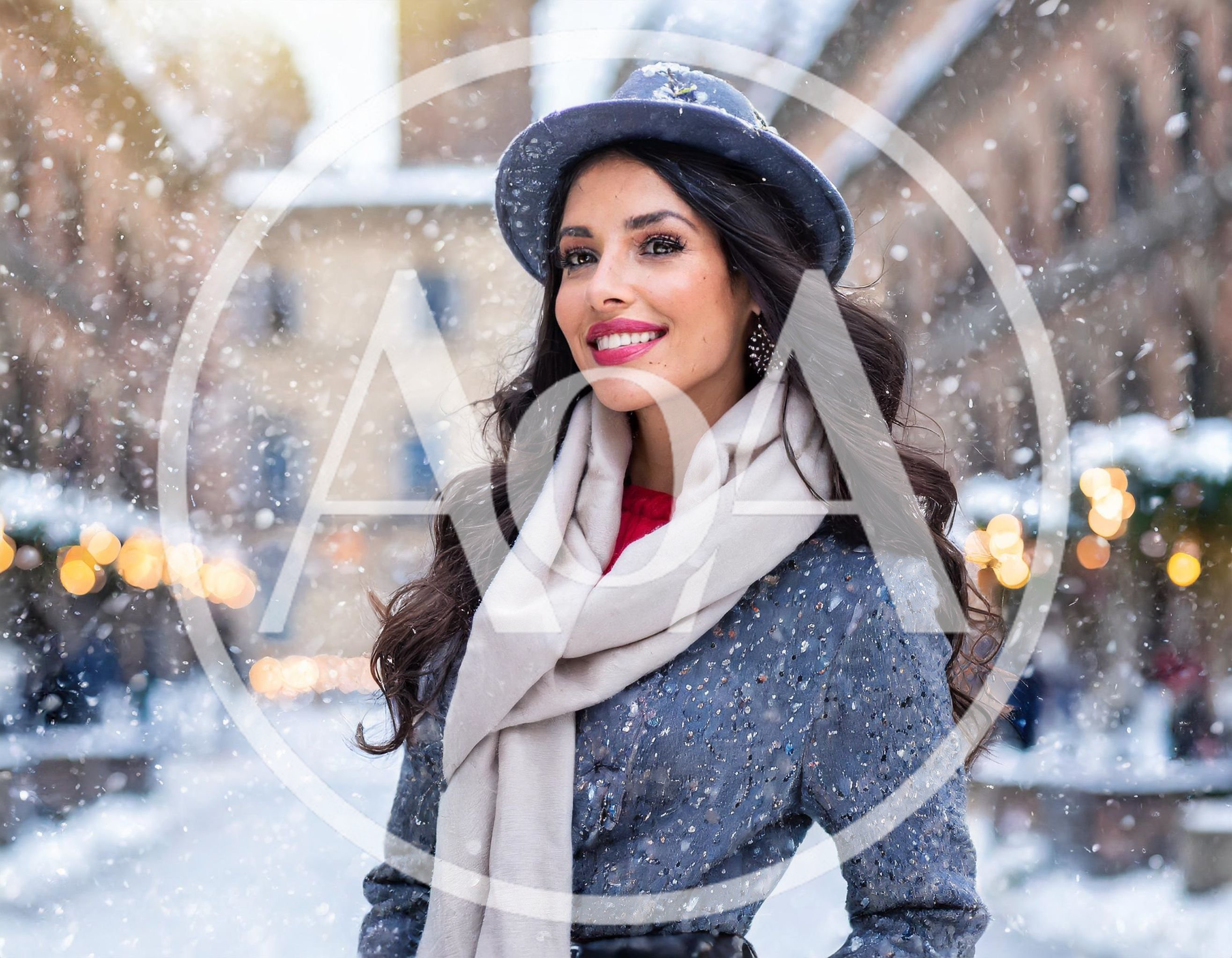 Smiling Woman Wearing Winter Hat And Scarf In Snow