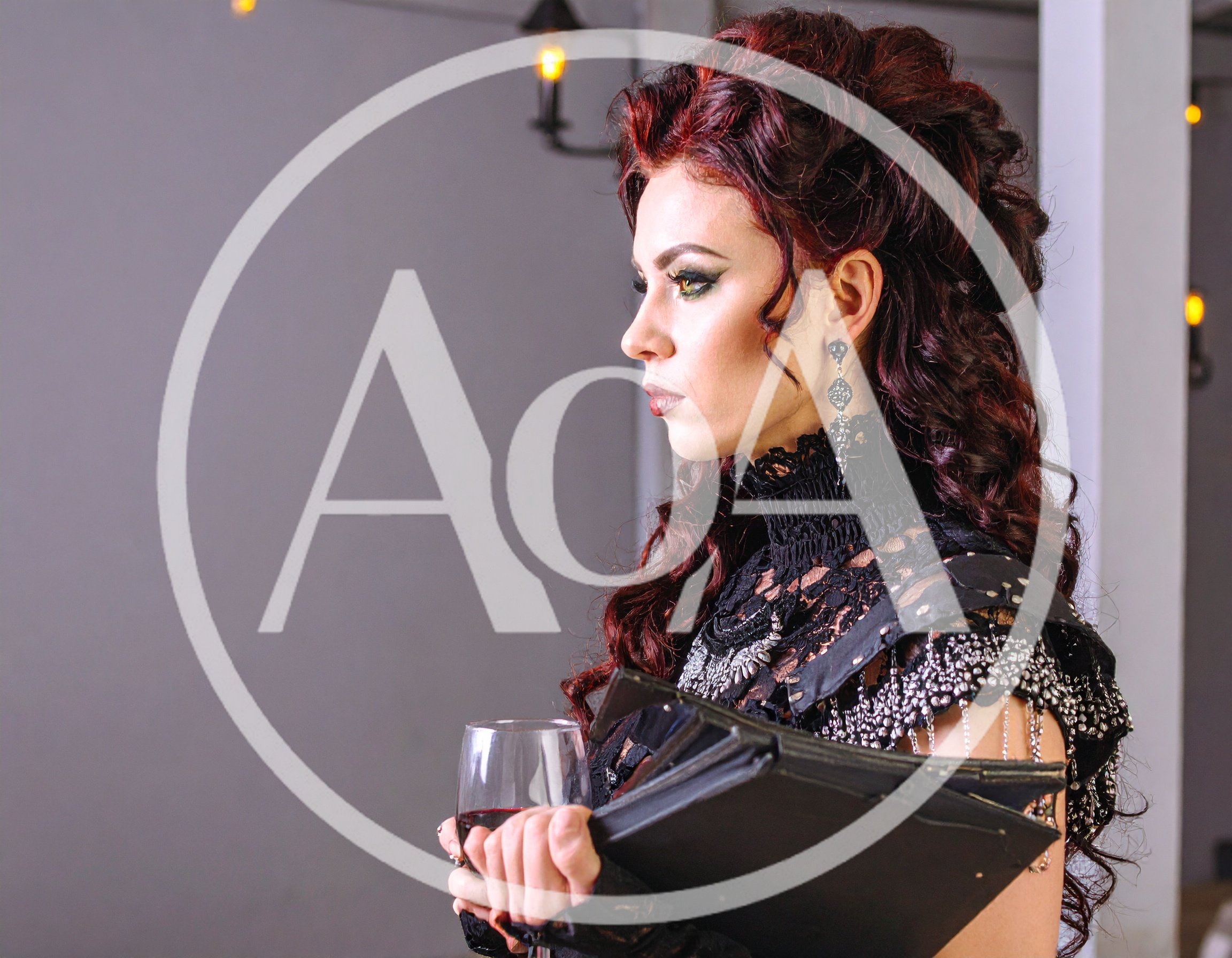 Gothic Woman Holding Wine Glass and Book