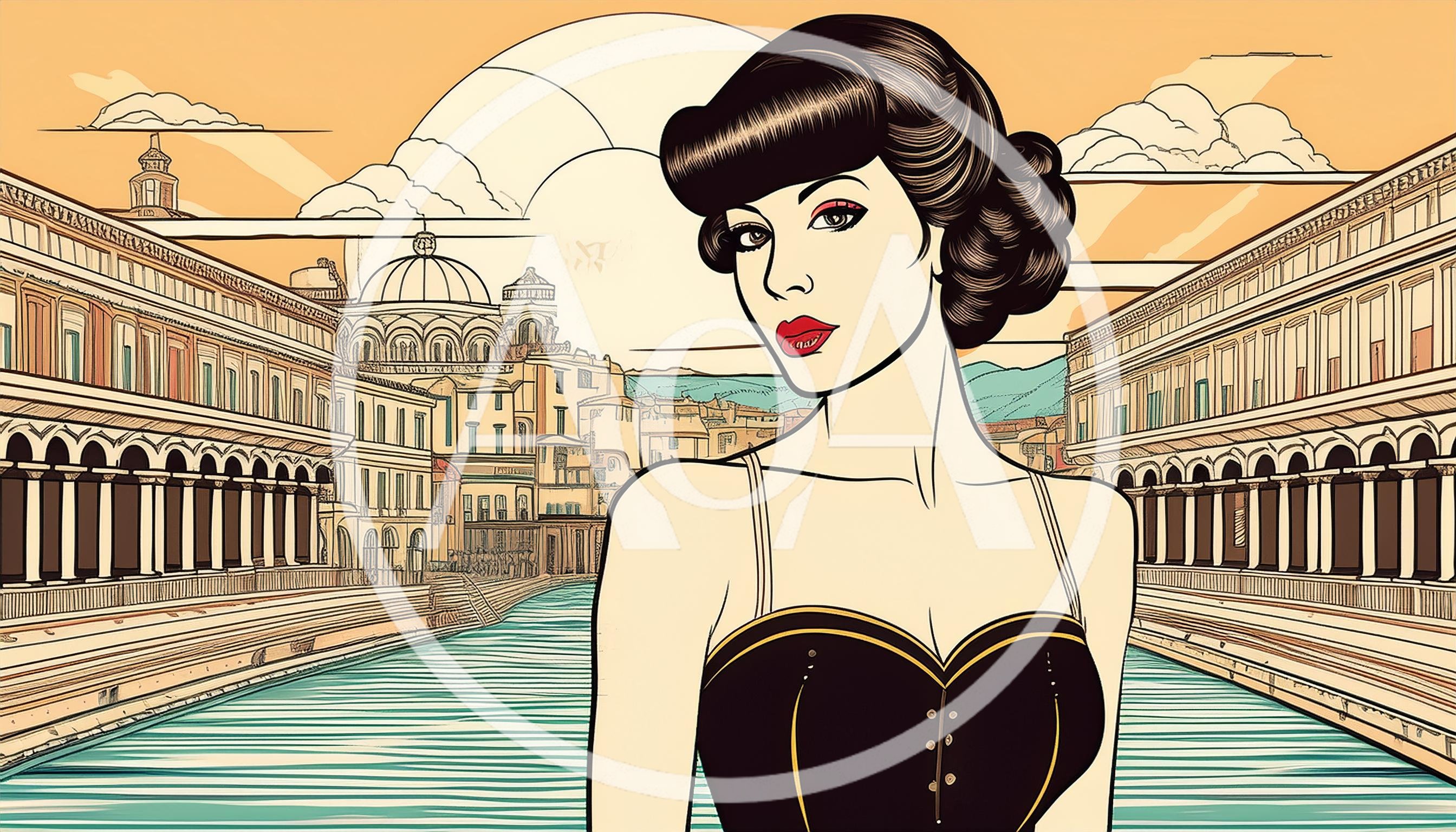 Vintage Comic Style Illustration Of A Woman In Venice
