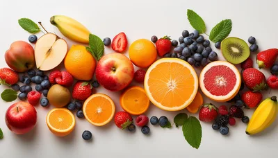 Assorted Fresh Fruits and Berries on White Background