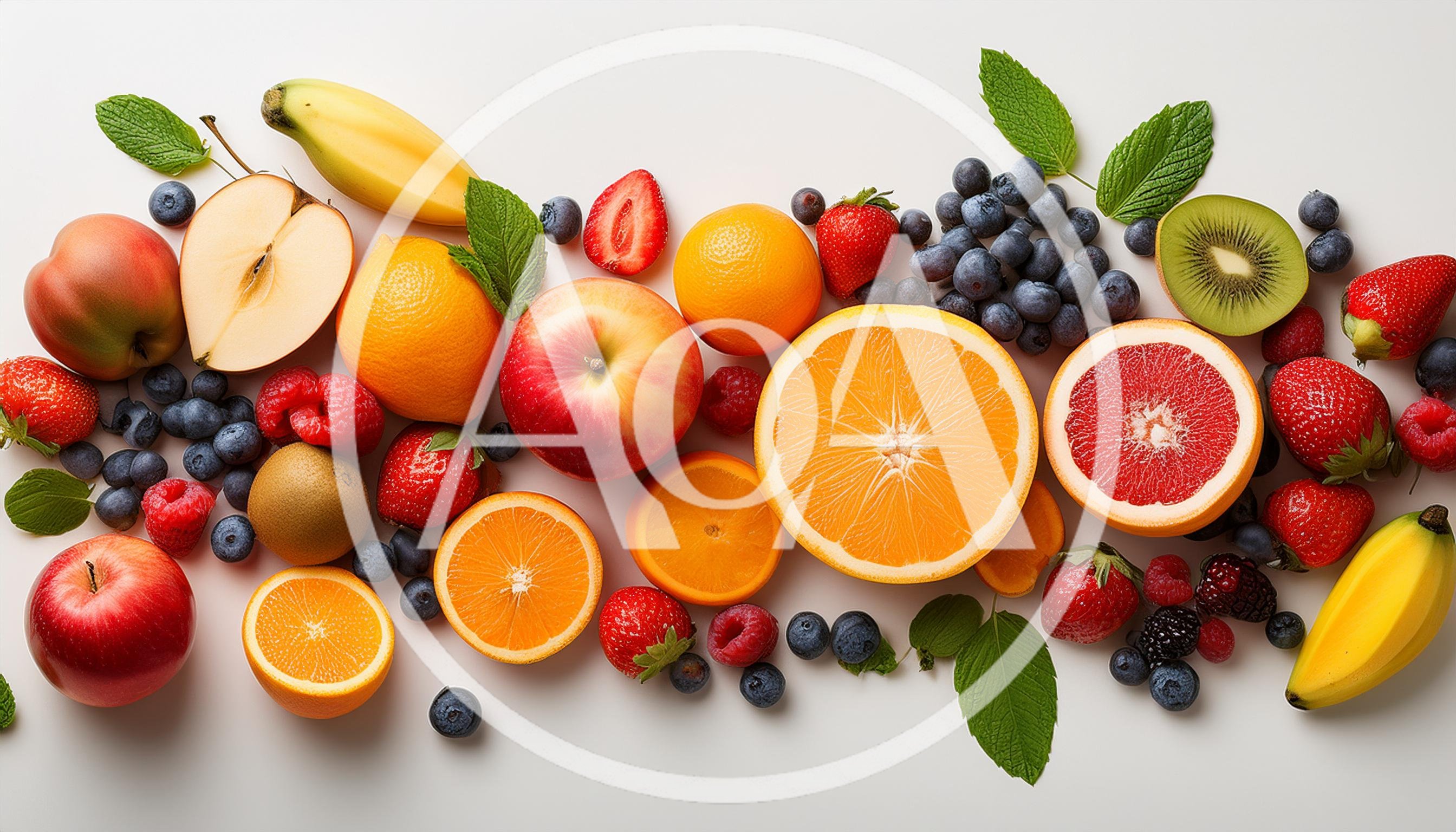 Assorted Fresh Fruits and Berries on White Background