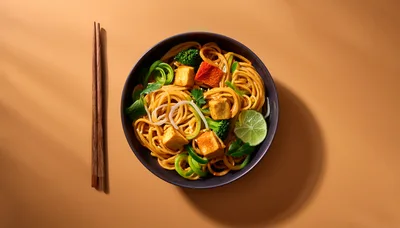 Bowl Of Stir Fried Noodles With Tofu And Vegetables