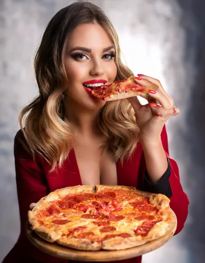 Beautiful Woman Eating Pepperoni Pizza Slice
