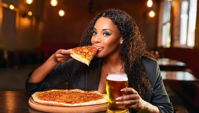 Young Woman Eating Pizza and Drinking Beer in Restaurant