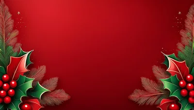 Christmas Holly and Pine Branch Border on Red Background