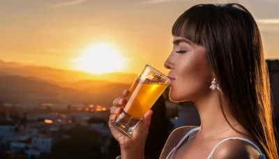 Young Woman Drinking Refreshing Beverage at Sunset