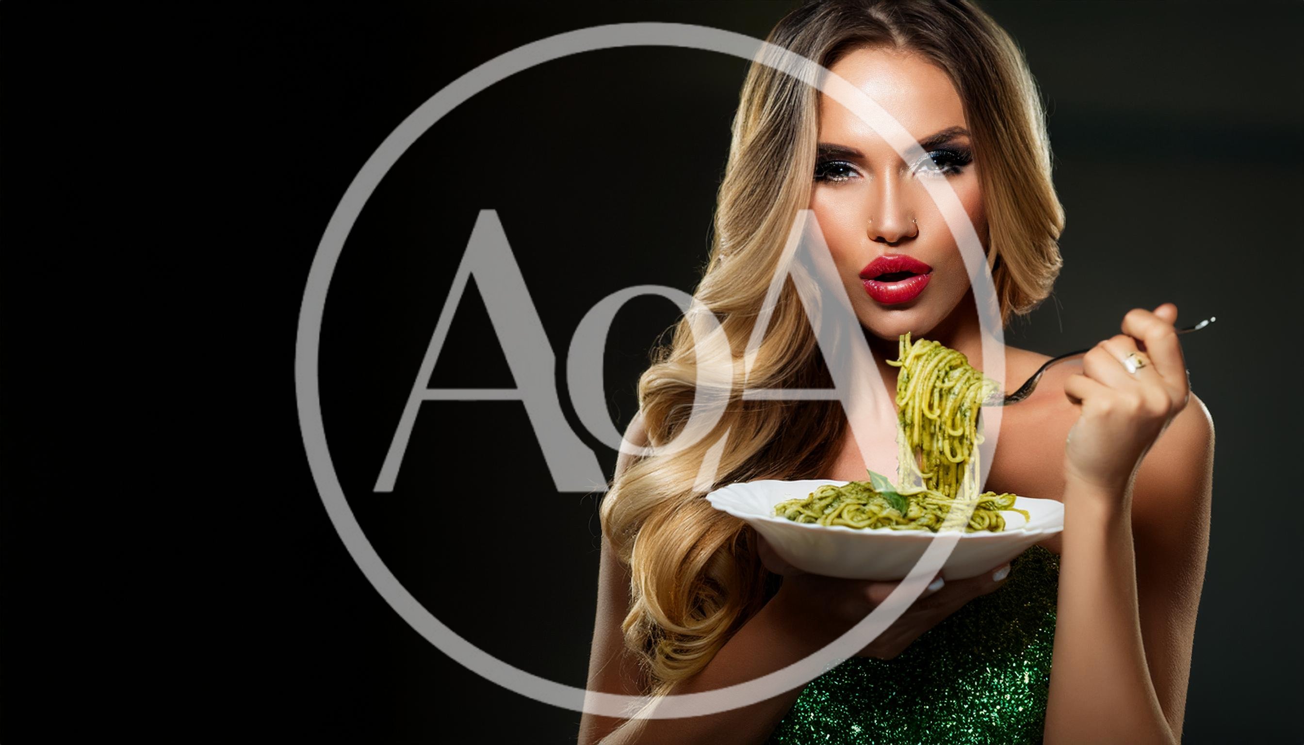 Glamorous Woman Eating Pesto Pasta