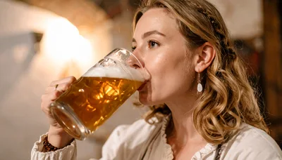 Young Woman Drinking Beer From A Large Glass Mug