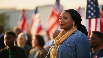 African American Woman Standing Outdoors With American Flags