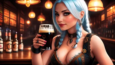 Young Woman With Blue Hair Holding Beer In Pub