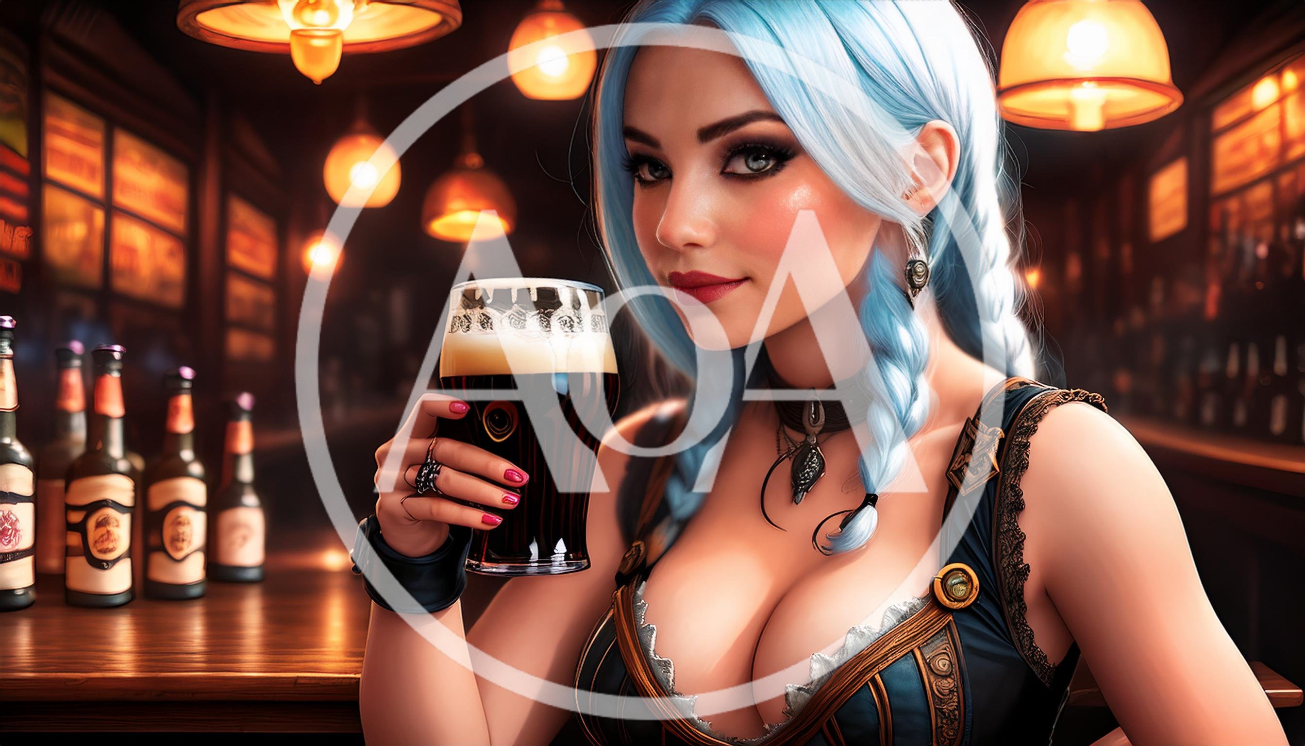 Young Woman With Blue Hair Holding Beer In Pub