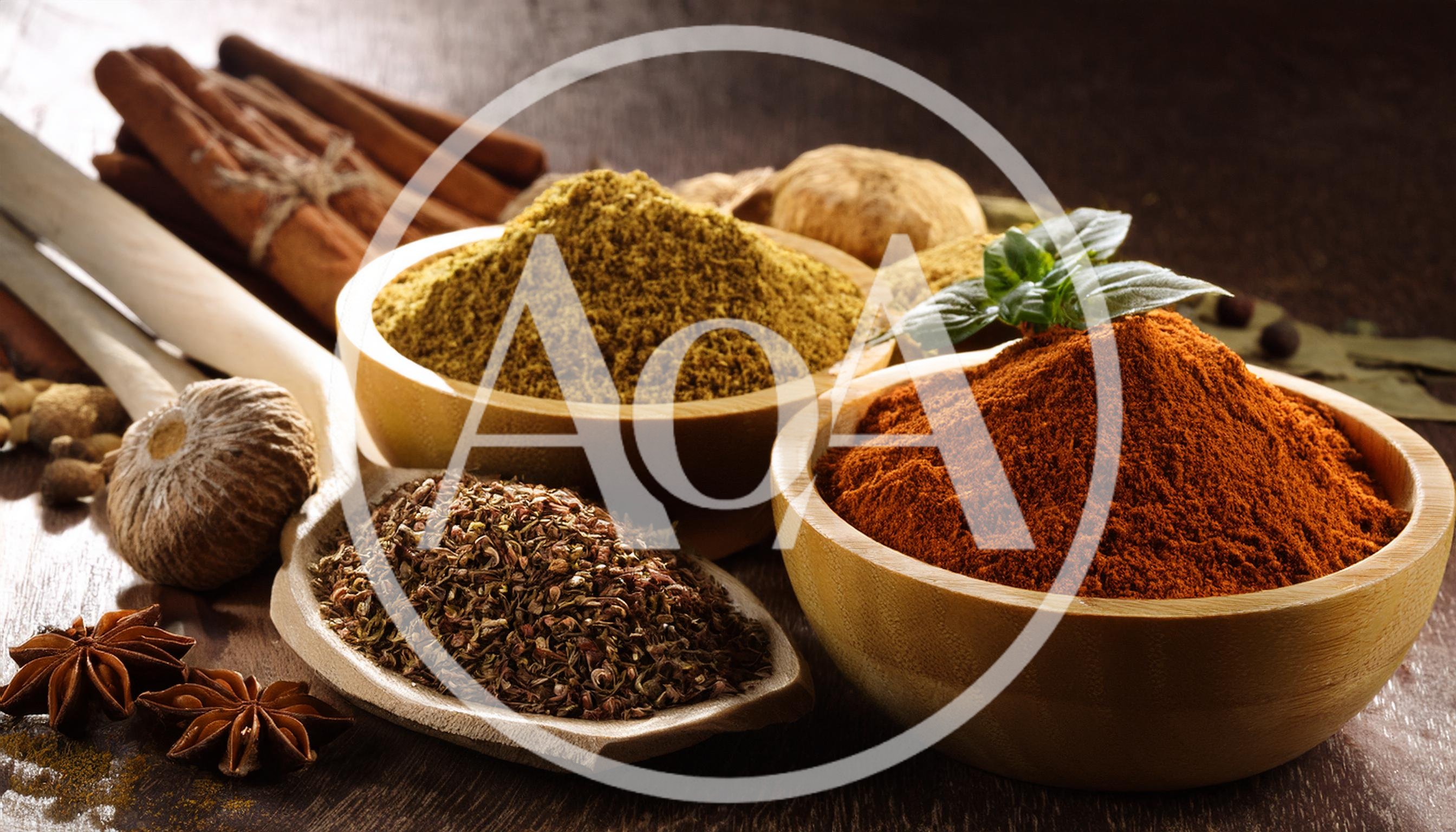 Assorted Spices and Herbs in Wooden Bowls