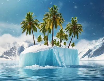 Tropical Palm Trees Growing On A Floating Iceberg