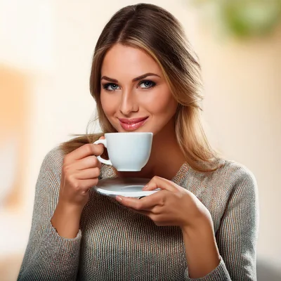 Beautiful Woman Drinking Coffee From A White Cup