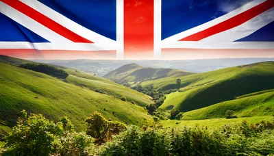 United Kingdom Flag Over Rolling Green Hills
