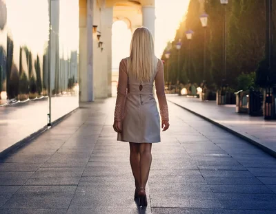 Blonde Woman Walking Away Down A Sunny Urban Walkway