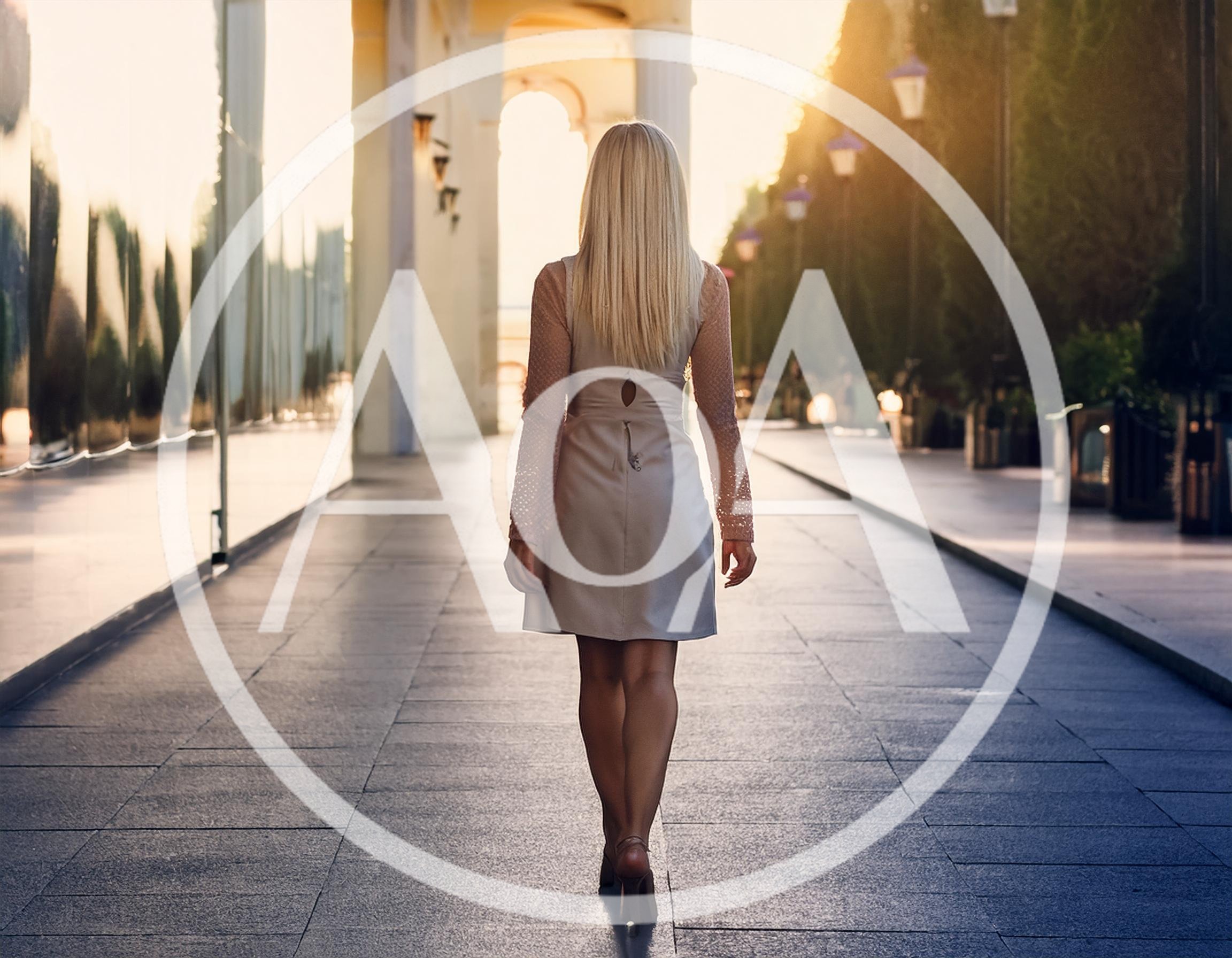 Blonde Woman Walking Away Down A Sunny Urban Walkway