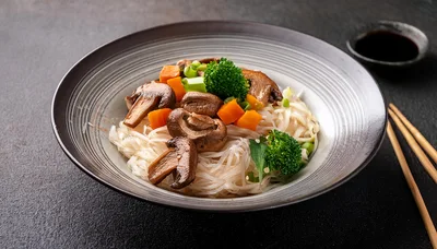 Bowl Of Stir Fried Rice Noodles With Vegetables