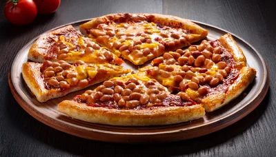 Baked Bean Pizza Slices On A Wooden Platter