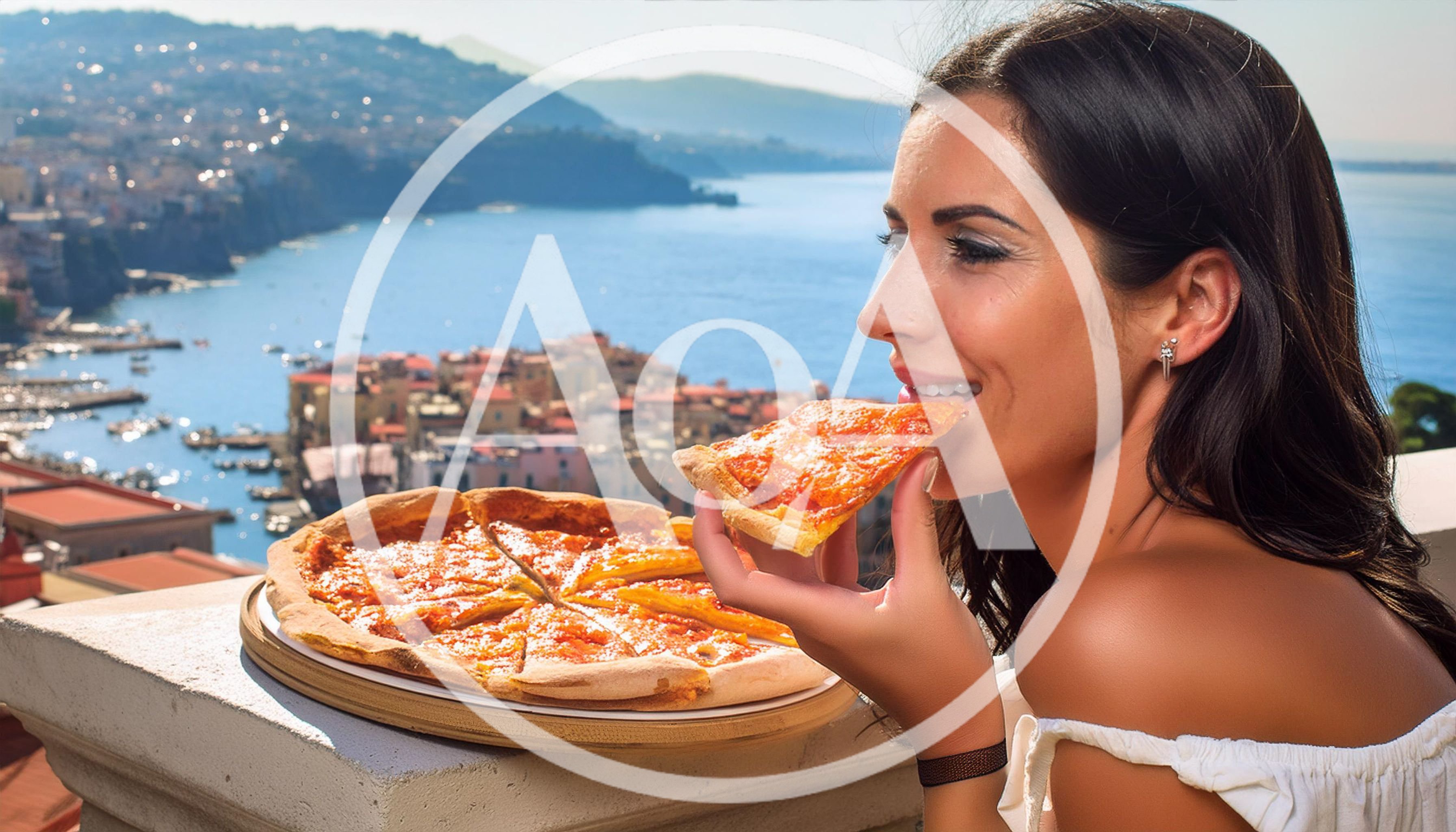 Young Woman Eating Pizza Overlooking Coastal Italian Town