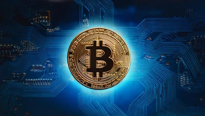 Golden Bitcoin Coin On Blue Circuit Board Background